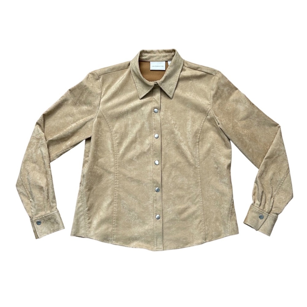 Vintage Y2K Tan Faux Suede Snap Front Shirt Blouse Medium western boho